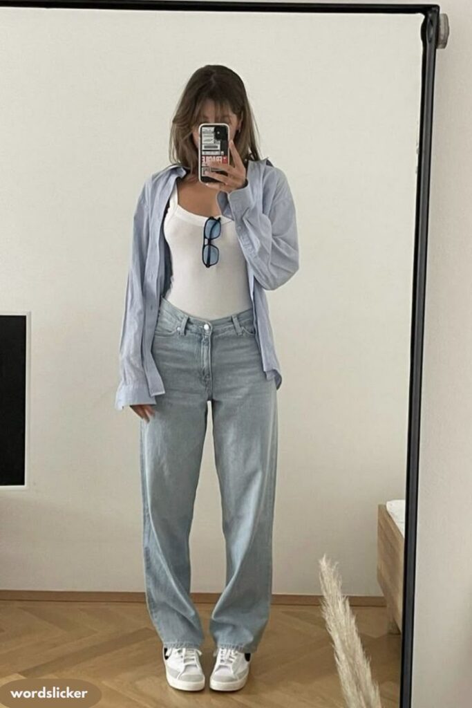 Blue Shirt Layered with Tank Top and Nike Blazer Mid 77 Jeans Outfit