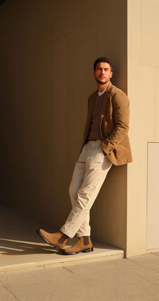 Neutral Blazer Chelsea Boots Formal Outfit