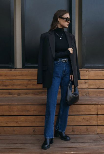 Black Blazer with Straight Jeans and Leather Boots