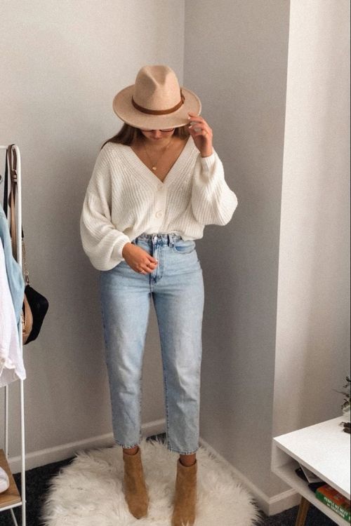 Cozy Cardigan Mom Jeans Outfit with Ankle Boots