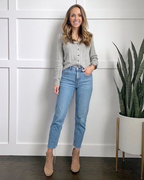 Soft Knit Mom Jeans Outfit with Ankle Boots