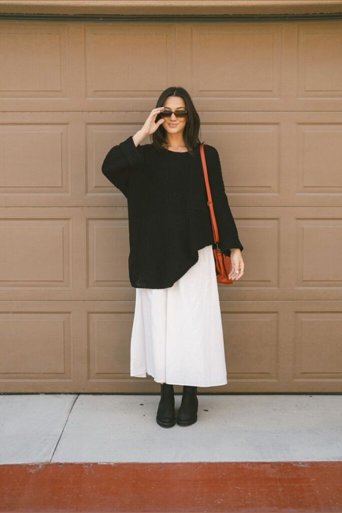 Relaxed Midi Skirt Chelsea Boots Outfit