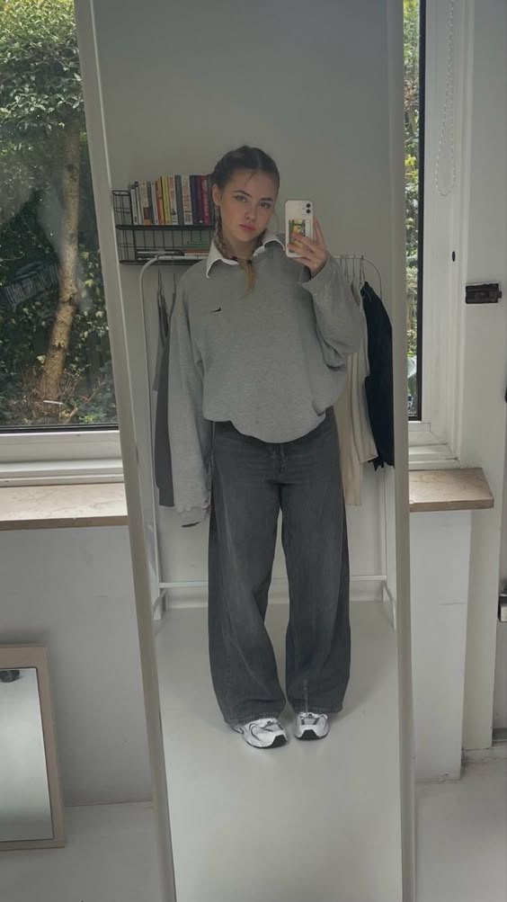 Cozy Neutral Layers with Baggy Jeans and New Balance