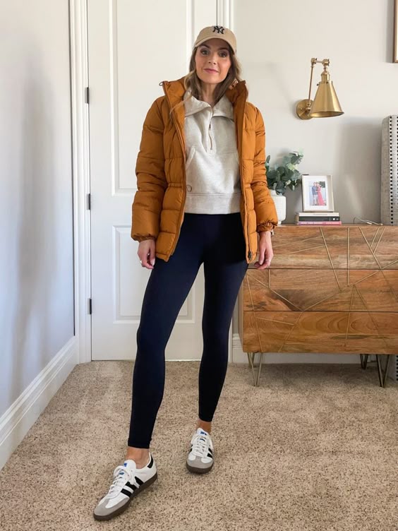 Puffer Jacket and Leggings with Adidas Sambas