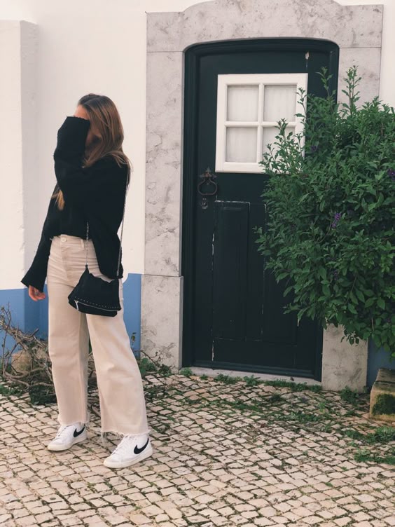 Black Sweater with Cream Jeans and Nike Blazer Mid 77