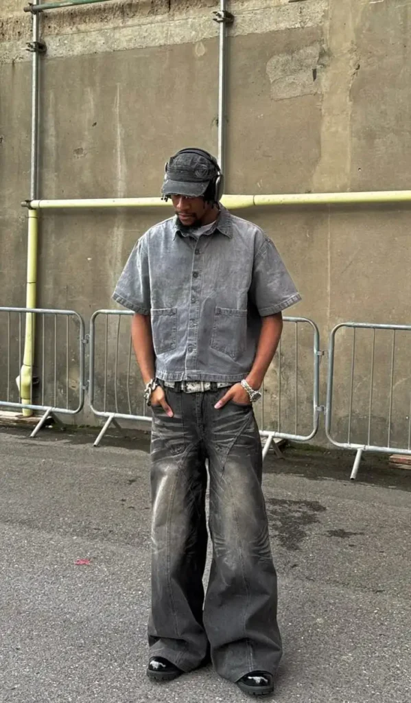 Grey Utility Shirt with Faded Baggy Jeans and Black Boots