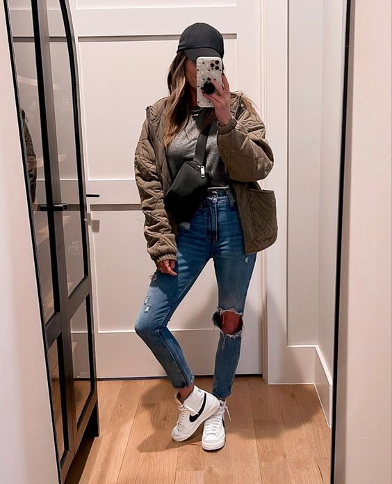 Quilted Jacket with Ripped Jeans and Nike Blazer Mid 77