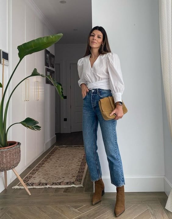 Elegant White Blouse Mom Jeans Outfit with Ankle Boots