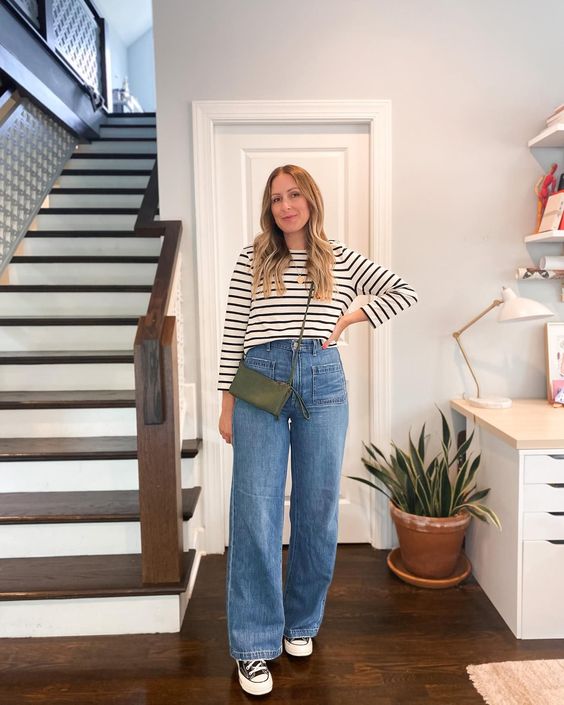 Classic Striped Top with Baggy Jeans and Converse