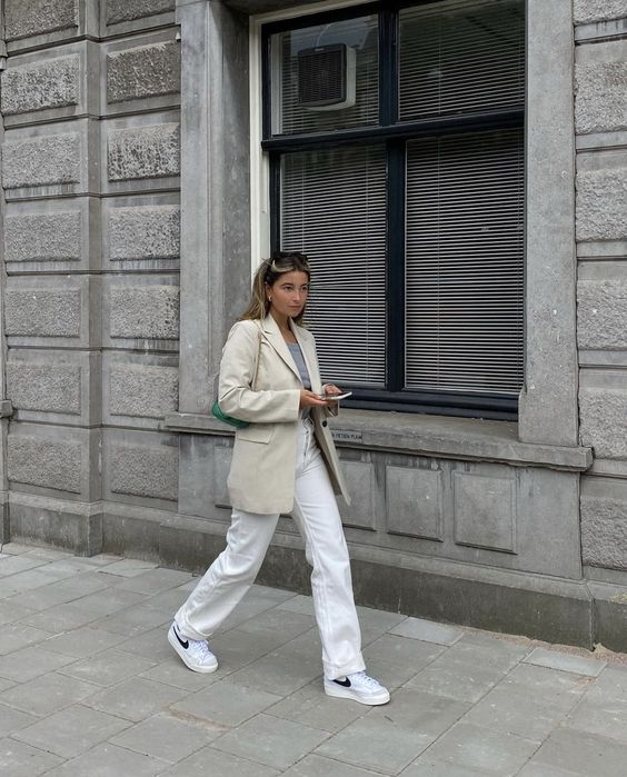 Beige Blazer with White Trousers and Nike Blazer Mid 77