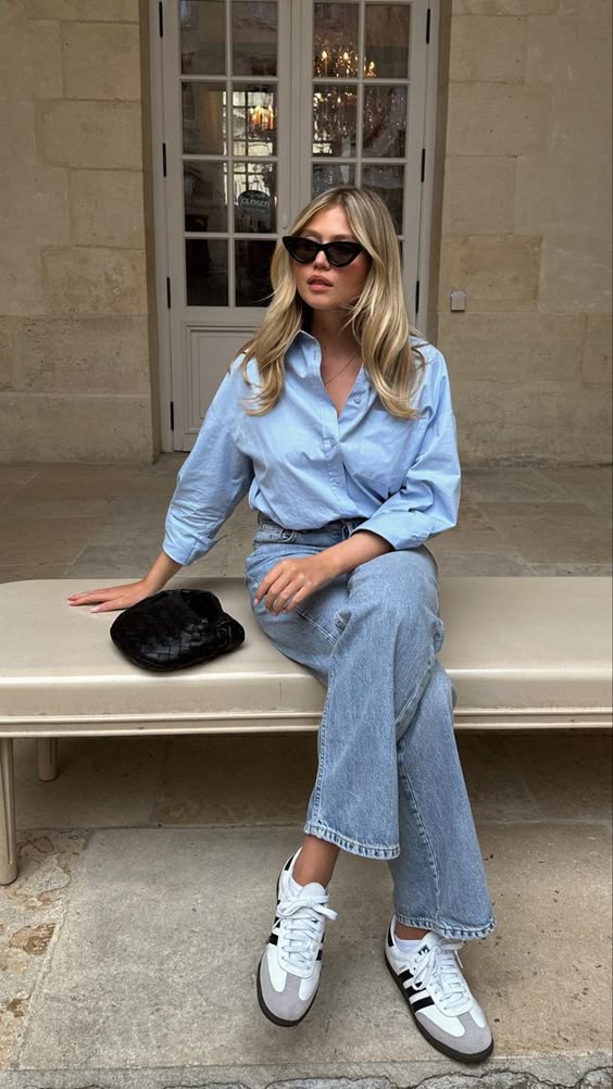 Chic Button-Down Mom Jeans Outfit with Samba Sneakers