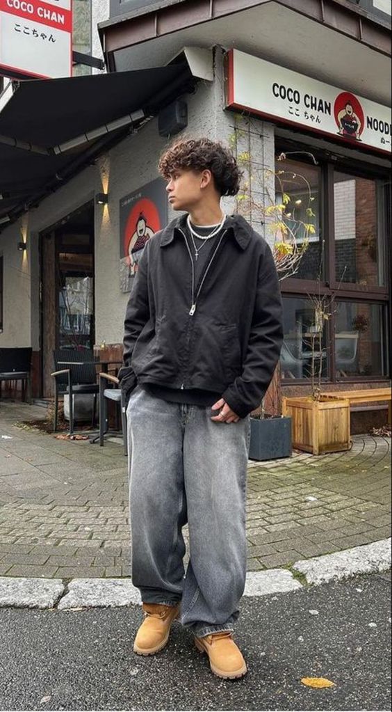 Black Jacket with Grey Baggy Jeans and Tan Work Boots