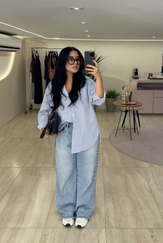 Relaxed Button-Down Look with Baggy Jeans and New Balance