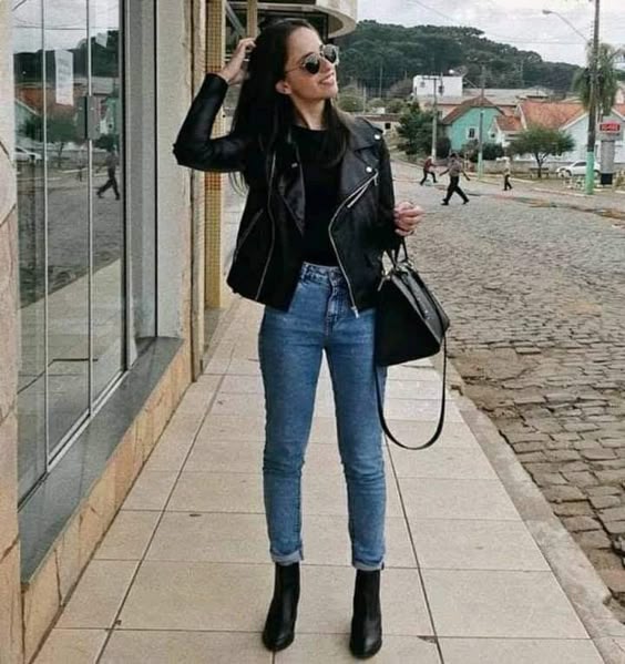 Edgy Black Jacket Mom Jeans Outfit with Ankle Boots