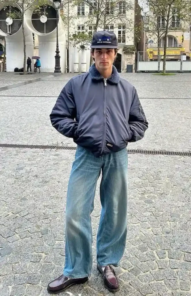 Bomber Jacket with Baggy Jeans and Leather Loafers