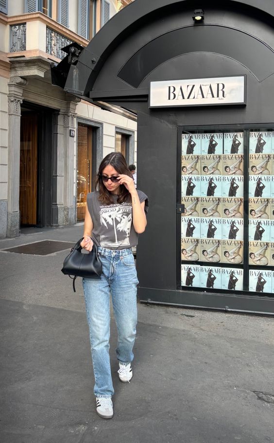 Graphic Tee Mom Jeans Outfit with Samba Sneakers