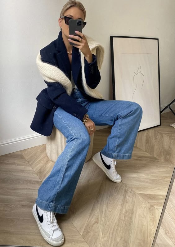 Blazer Layered with Knit and Nike Blazer Mid 77 with Jeans