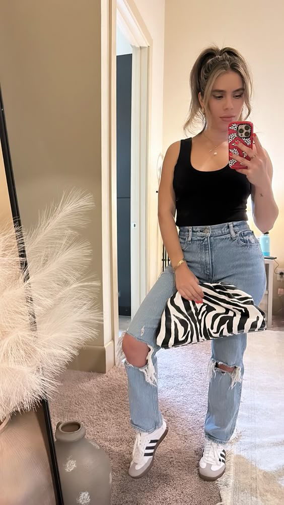 Classic Black Tank Mom Jeans Outfit with Samba Sneakers