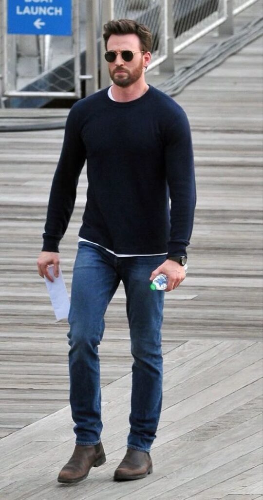 Navy Sweater and Brown Chelsea Boots Jeans Outfit