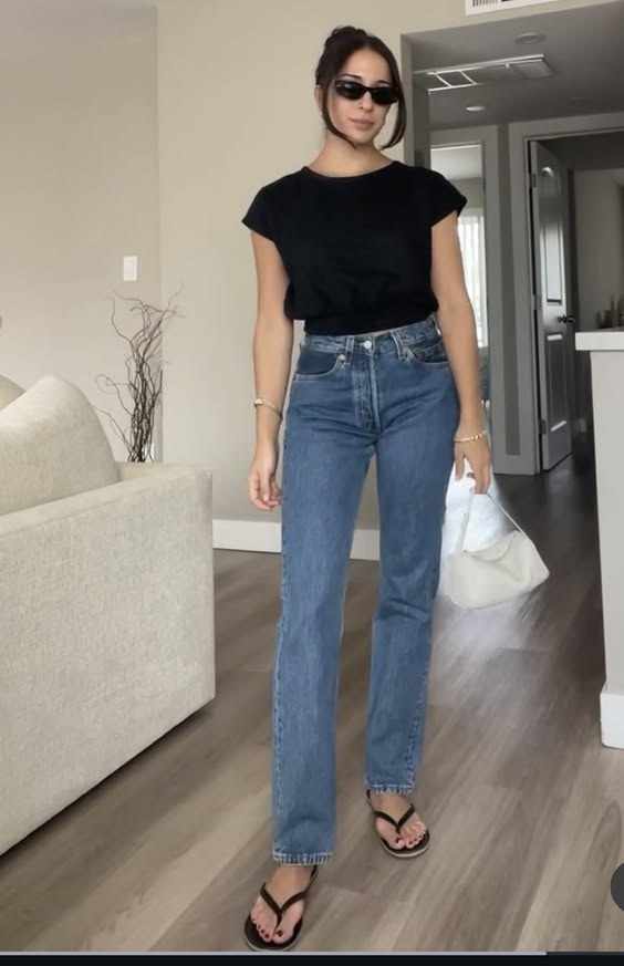 Minimal Black Tee Mom Jeans Outfit with Sandals