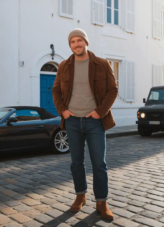 Brown Jacket and Chelsea Boots Casual Street Outfit