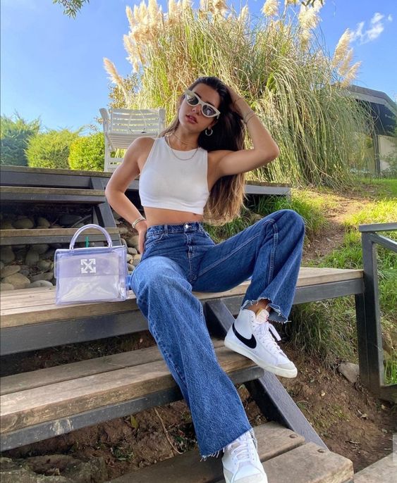 White Crop Top with Wide Jeans and Nike Blazer Mid 77