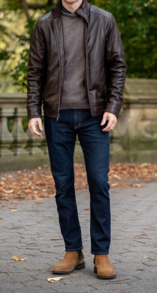 Leather Jacket and Tan Chelsea Boots Jeans Outfit