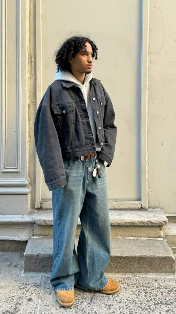 Denim Jacket Layered with Hoodie, Baggy Jeans and Suede Boots