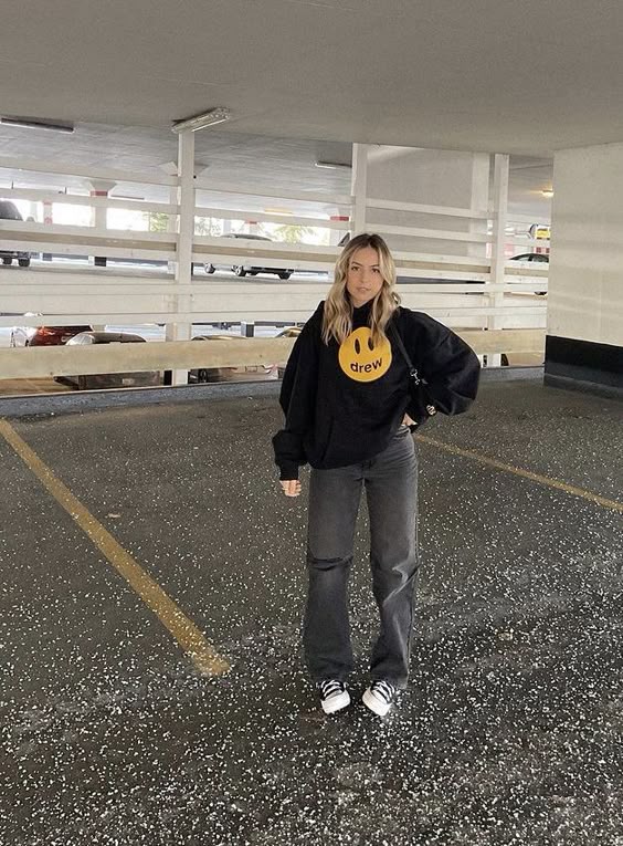 Graphic Sweatshirt with Dark Baggy Jeans and Converse