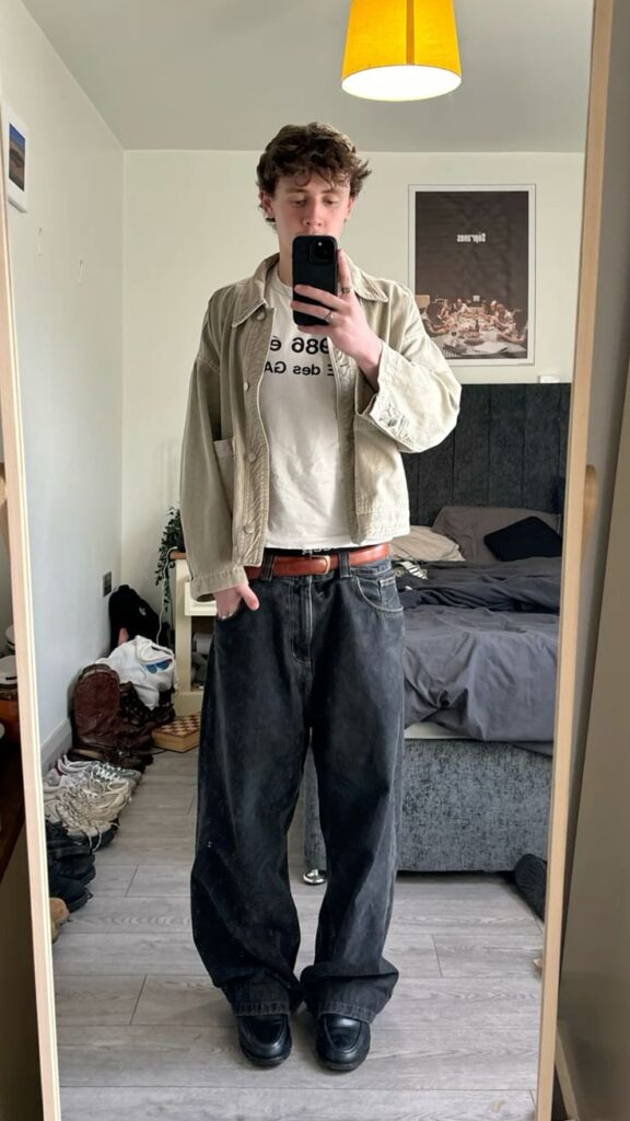 Light Chore Jacket with Baggy Jeans and Black Loafers