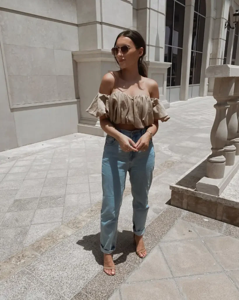 Off-Shoulder Top and Mom Jeans Outfit with Heels