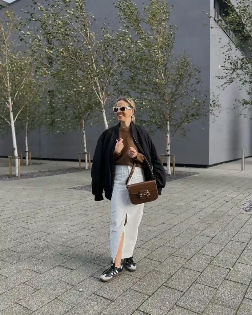 Neutral Contrast Denim Skirt Outfit with Adidas Sambas
