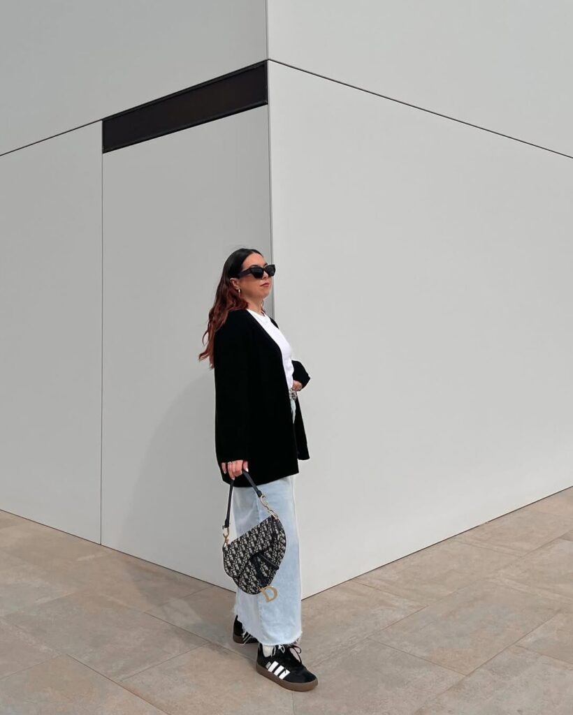 Minimal Blazer Denim Skirt Outfit with Adidas Sambas