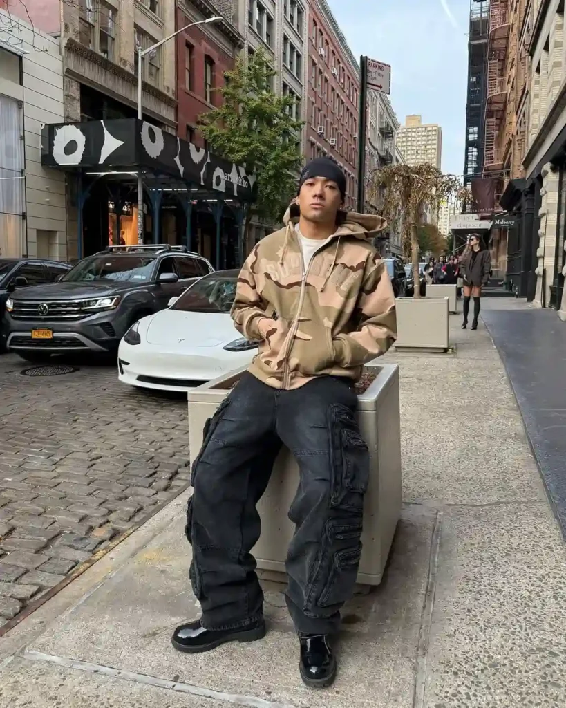 Urban Camo Hoodie with Baggy Jeans and Black Boots