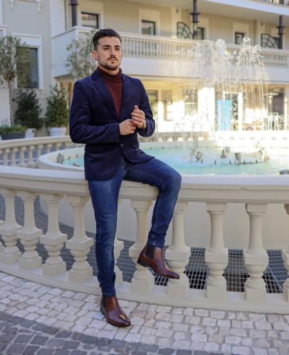 Navy Blazer with Turtleneck, Blue Jeans and Chelsea Boots