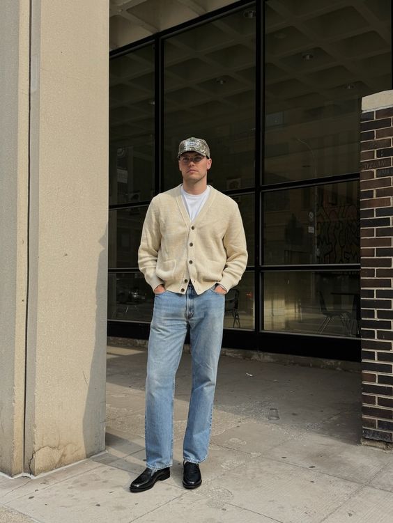 Beige Cardigan with Straight Jeans and Black Loafers