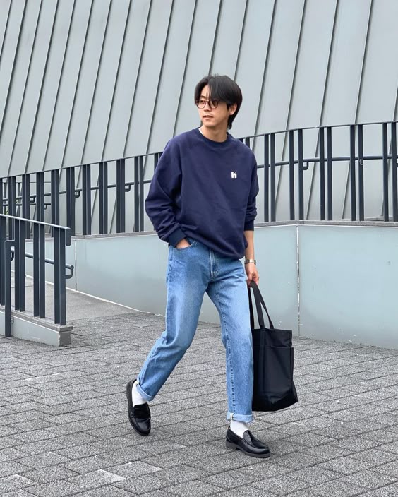 Navy Sweatshirt with Blue Jeans and Black Loafers