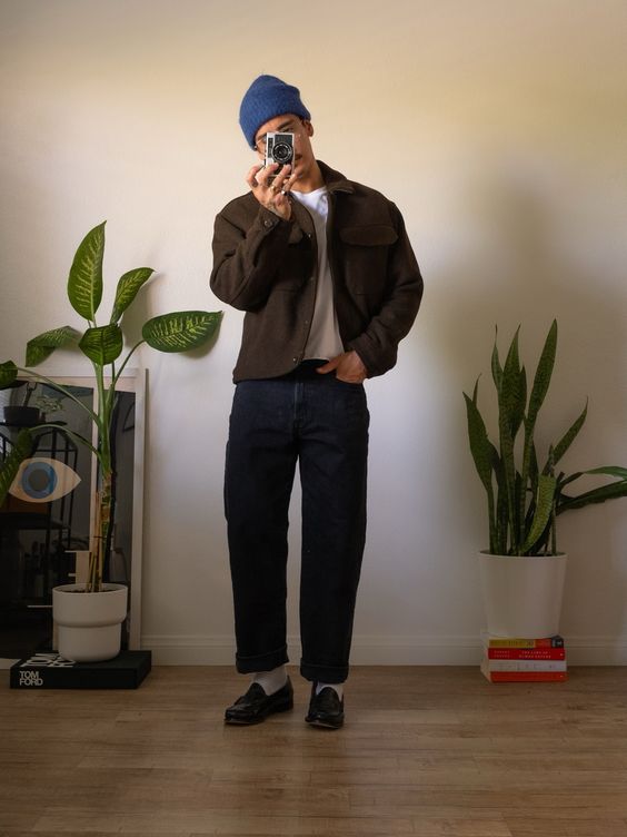 Brown Jacket with Dark Jeans and Black Loafers