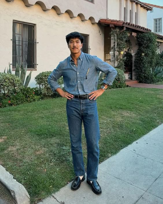 Classic Blue Shirt with Dark Jeans and Leather Loafers