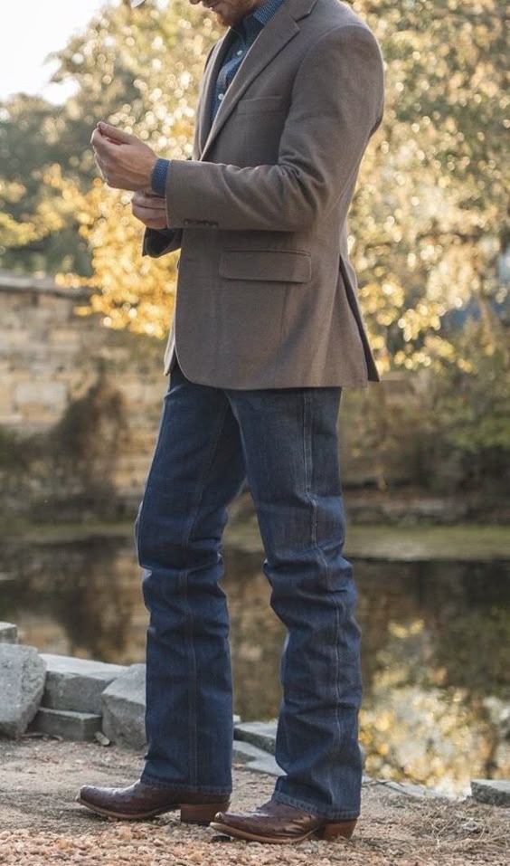 Brown Blazer with Dark Jeans and Leather Boots