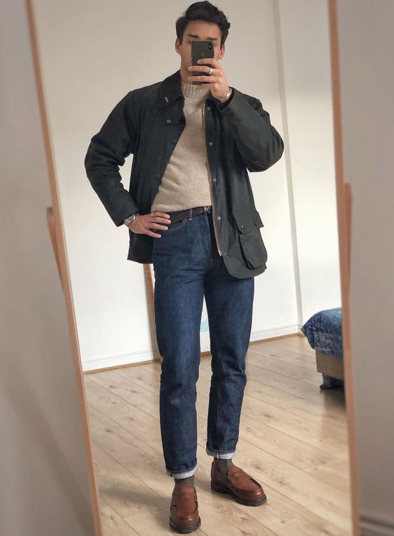 Dark Jacket with Slim Jeans and Brown Loafers