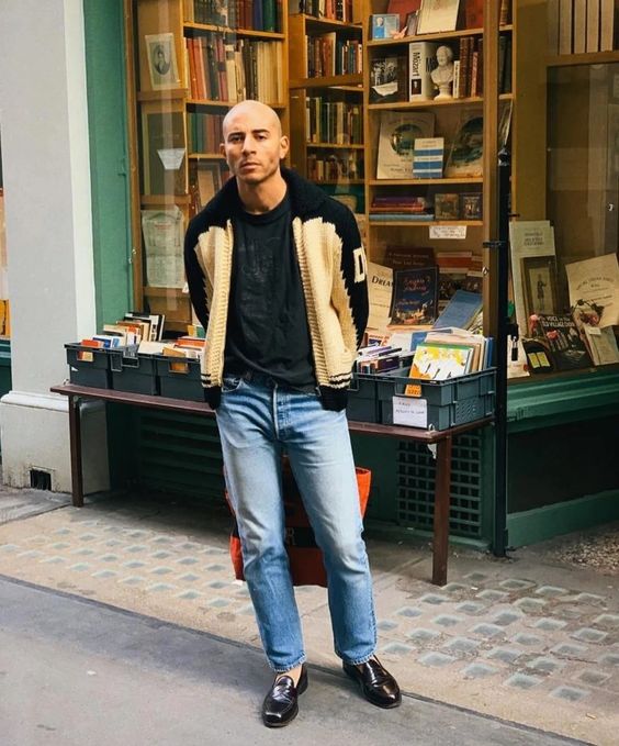 Two-Tone Cardigan with Light Jeans and Black Loafers