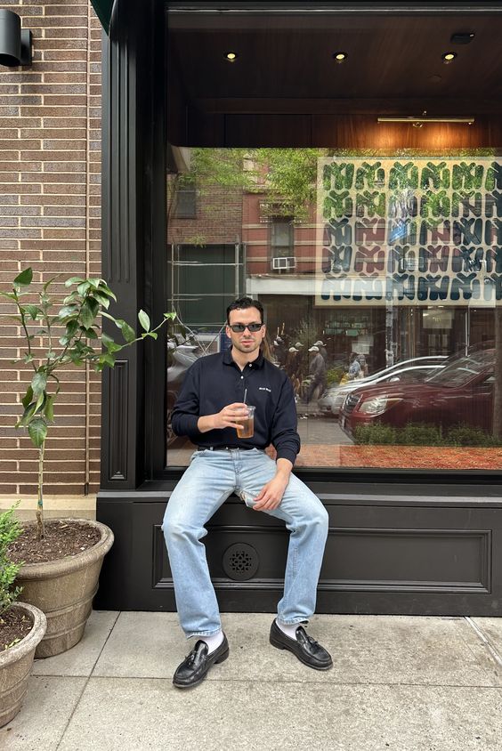 Black Polo with Light Jeans and Leather Loafers