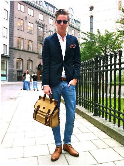 Navy Blazer with Blue Jeans and Brown Leather Boots