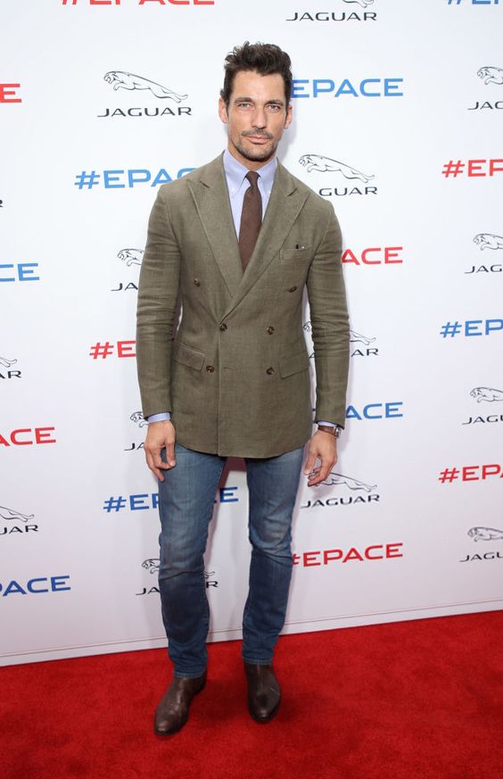 Olive Double-Breasted Blazer with Blue Jeans and Chelsea Boots