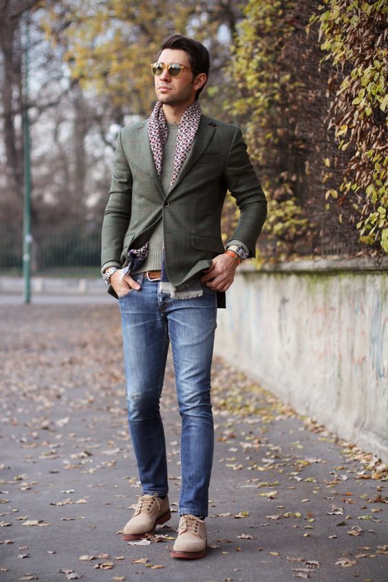Olive Green Blazer with Blue Jeans and Suede Boots