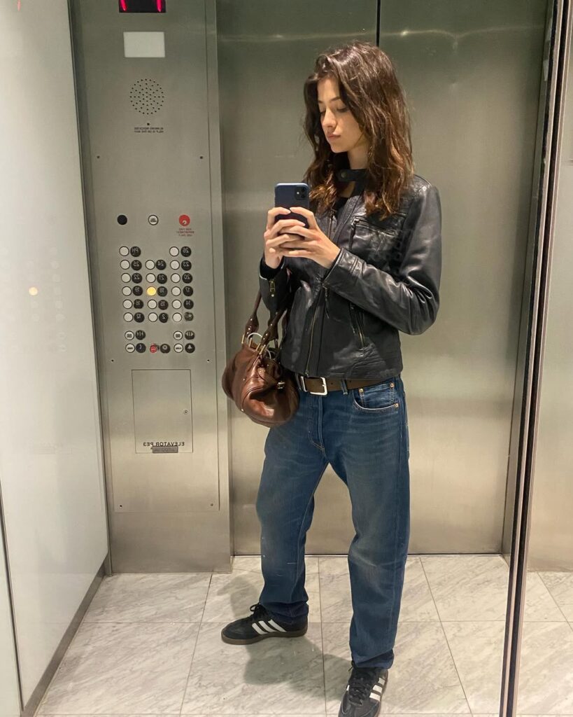 Edgy Leather Mom Jeans Outfit with Samba Sneakers