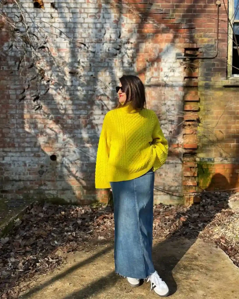 Bright Knit Denim Skirt Outfit with Adidas Sambas