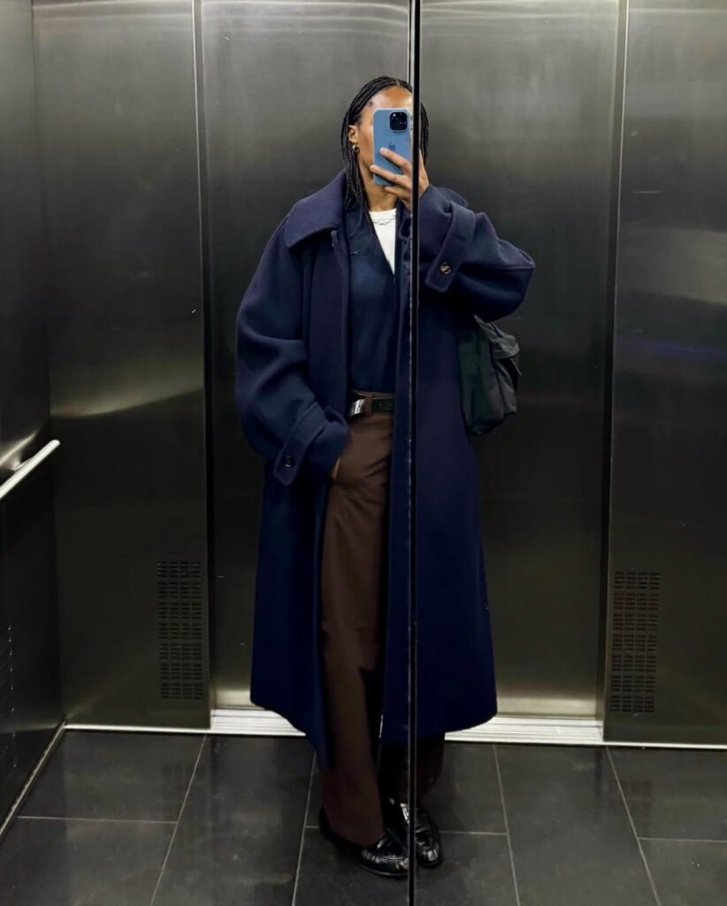 Long Navy Coat with Brown Trousers and Black Loafers