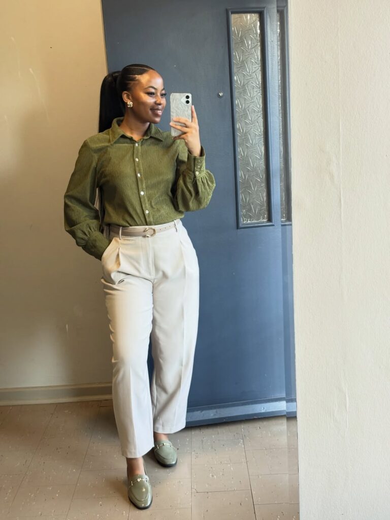 Olive Shirt with Beige Tailored Trousers and Soft Loafers